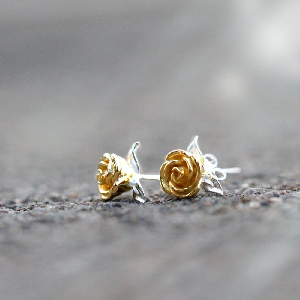 SOLD Gold Rose Flower Earrings studs Gold Vermeil Floral Earrings Studs for her - Picture 7 of 15